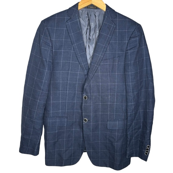 John Varvatos suit jacket blazer sports coat windowpane plaid linen navy 42L - Picture 1 of 5